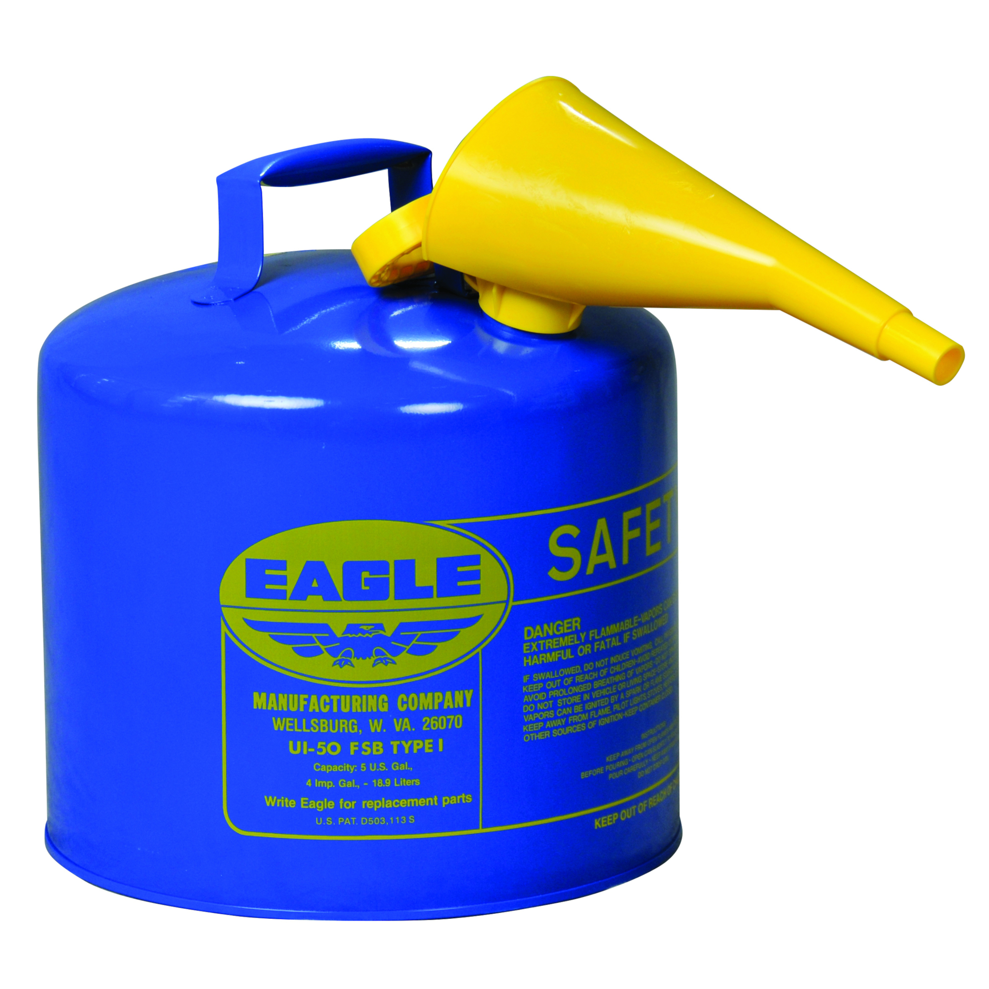 Eagle Type I Steel Safety Can for Kerosene — 5-Gallon, Flame Arrester, Funnel, Blue, Model# UI50FSB
